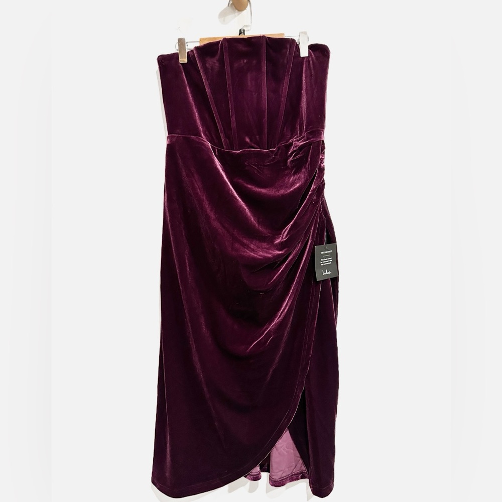 NWT Lulus Dark Purple Velvet Strapless Tulip Dress Size Large - Picture 5 of 15